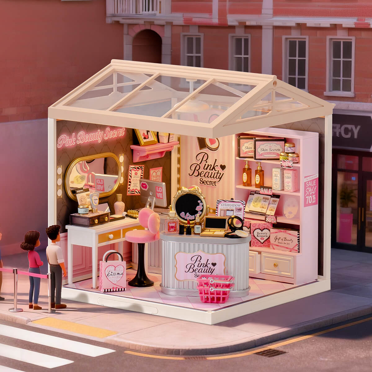 Pink Beauty Secret DW026 miniature beauty studio in a storefront street scene