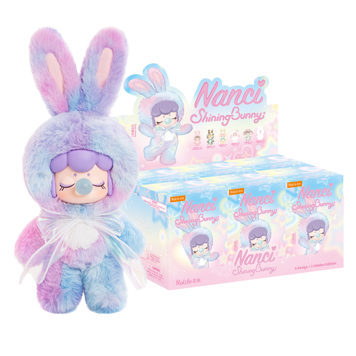Nanci's Shining Bunny MNBXX title graphic with featured plush doll and blind box package