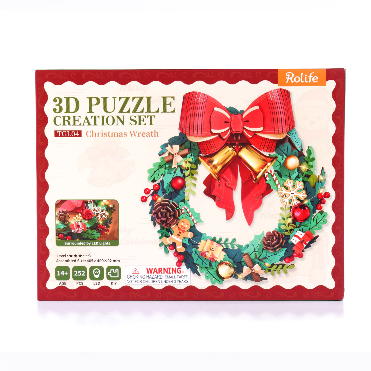 Rolife Christmas Wreath TGL04 product package with completed wreath