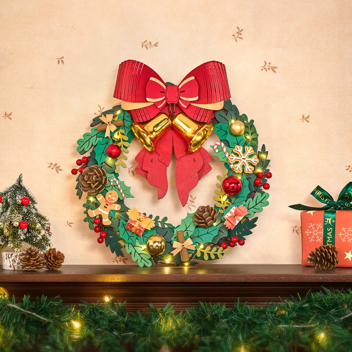 Rolife Christmas Wreath TGL04 wreath displayed above a mantel in a festive scene