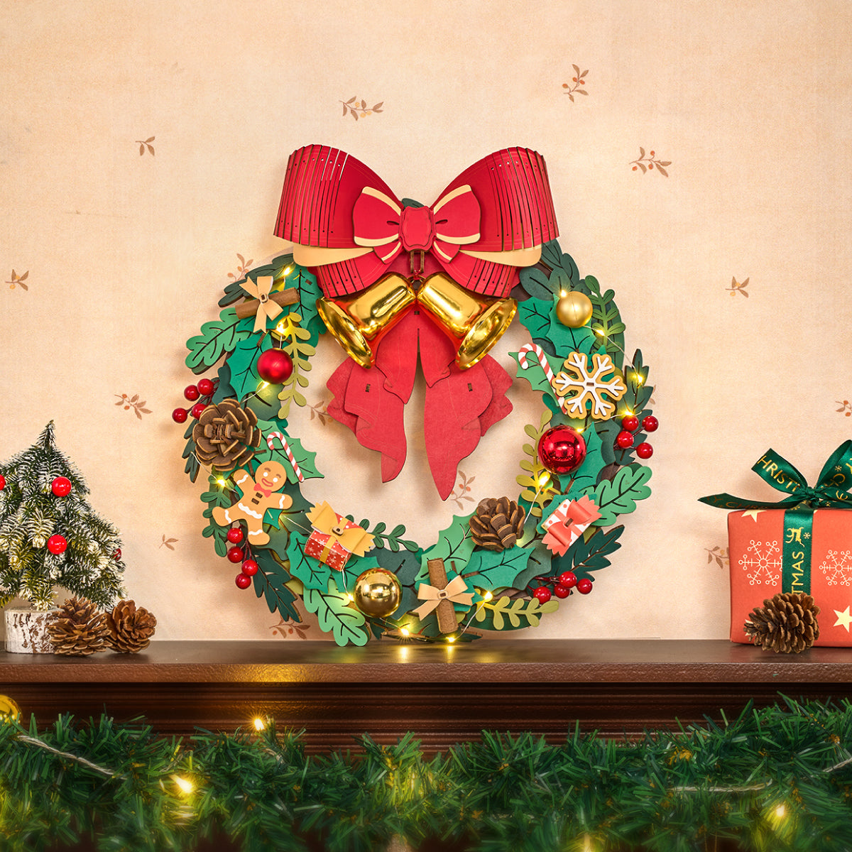 Rolife Christmas Wreath TGL04 wreath displayed above a mantel in a festive scene