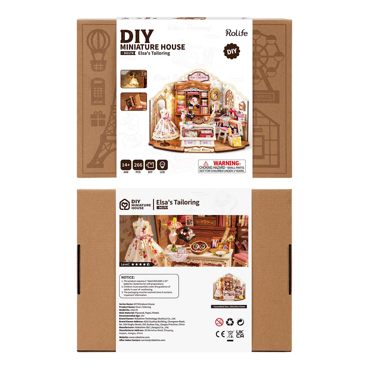 Rolife Elsa's Tailoring DG178 product package with completed miniature house