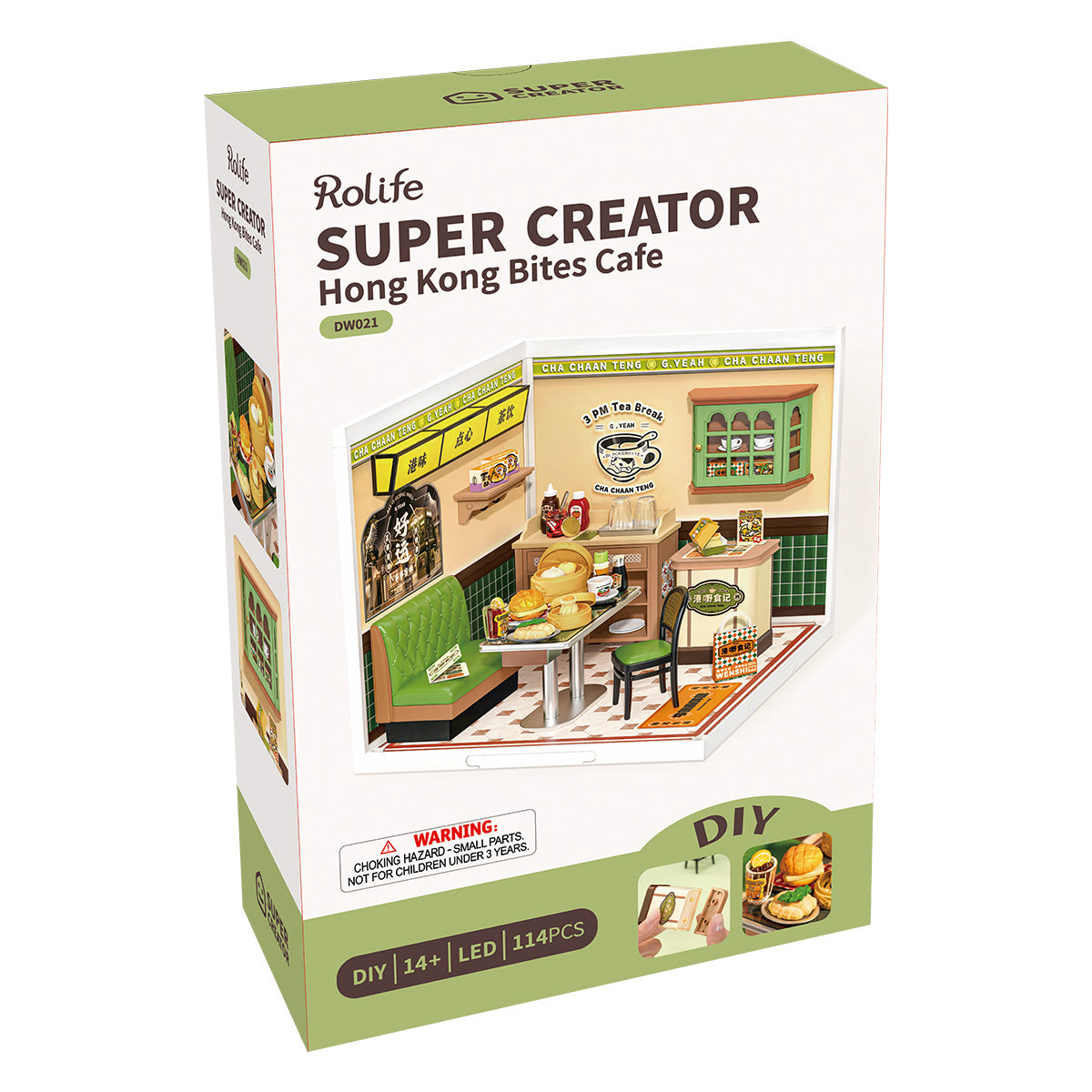 Rolife Hong Kong Bites Cafe DW021 product package with completed miniature room