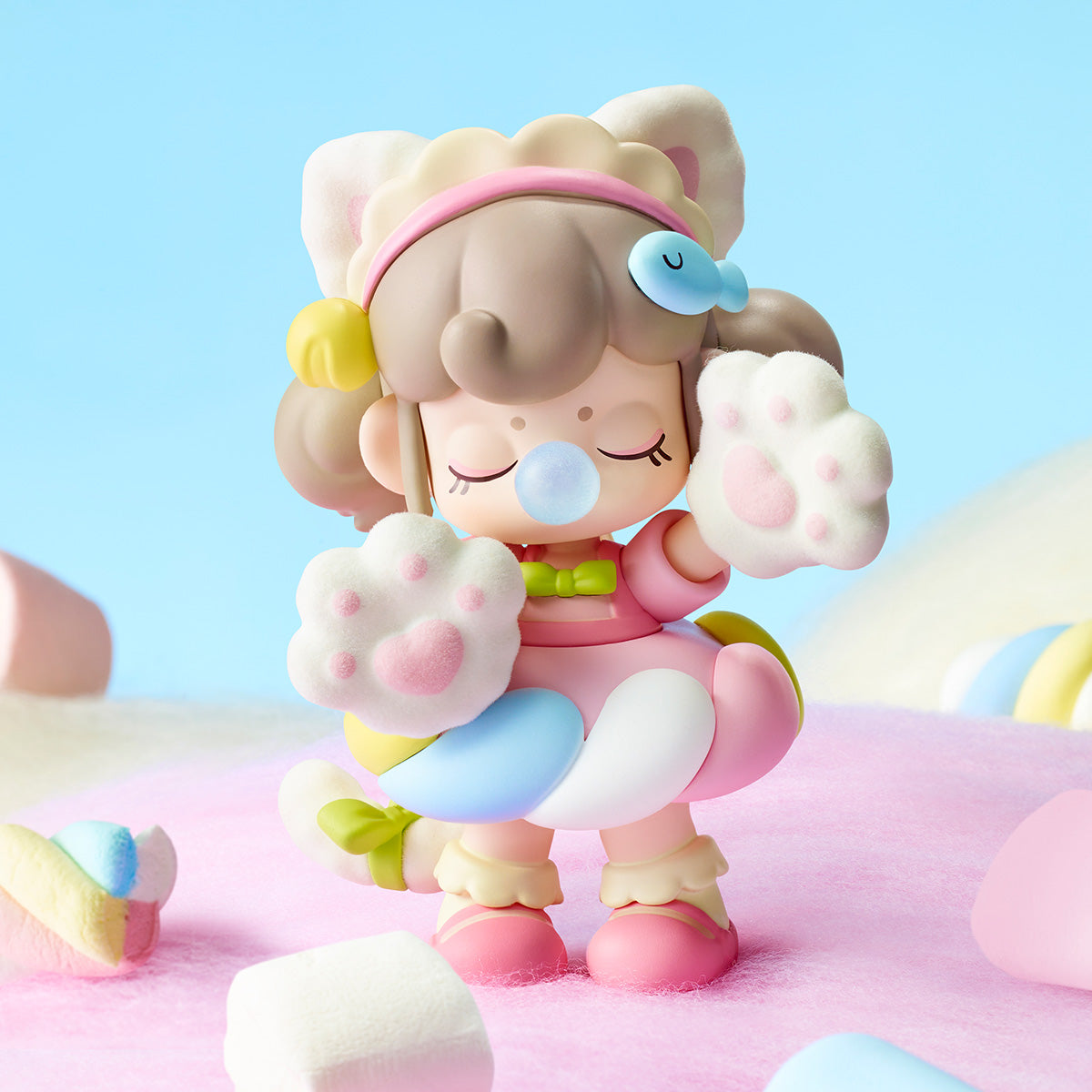 Nanci Sweet Time single figure holding fluffy clouds in a pastel scene