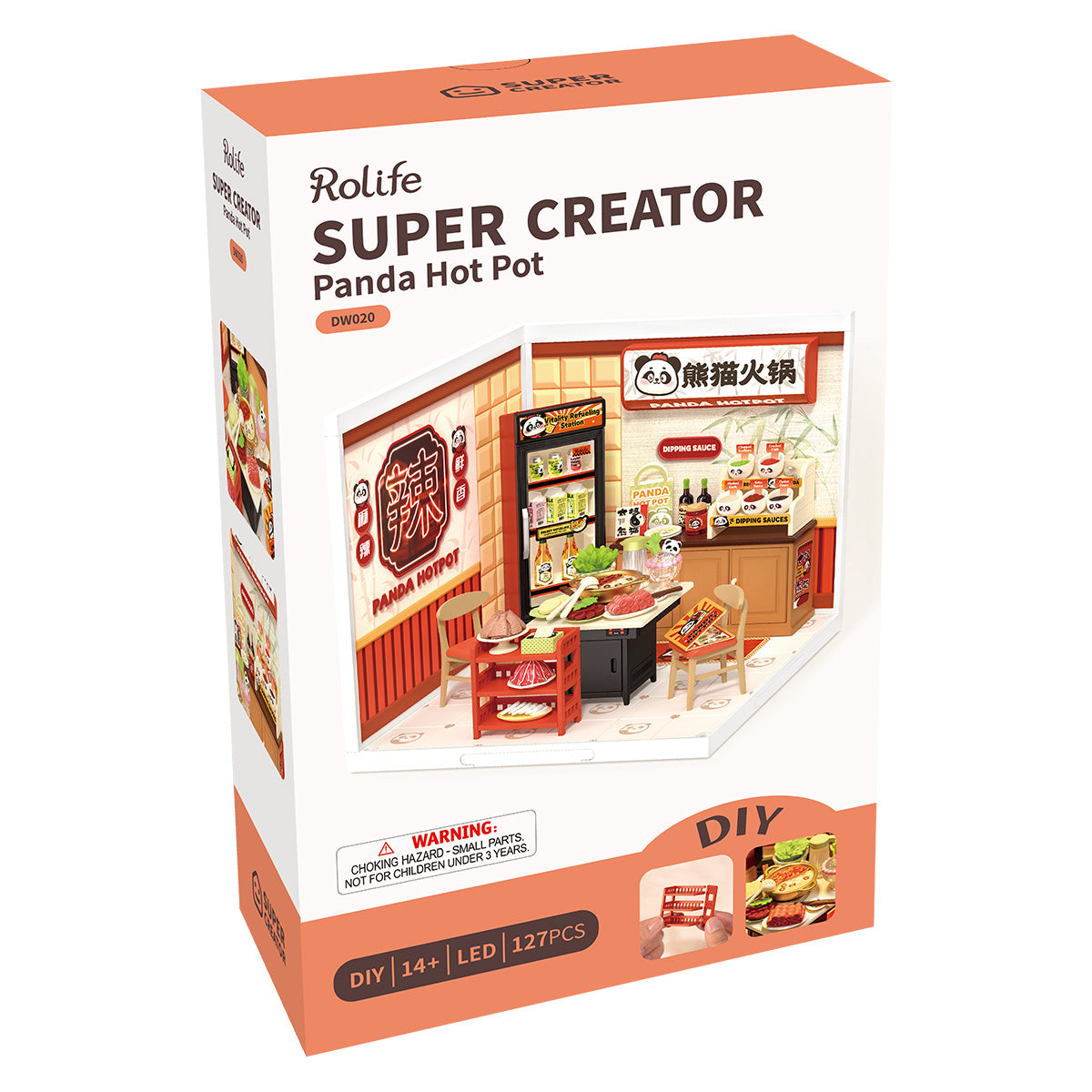 Rolife Panda Hot Pot DW020 product package with completed miniature room