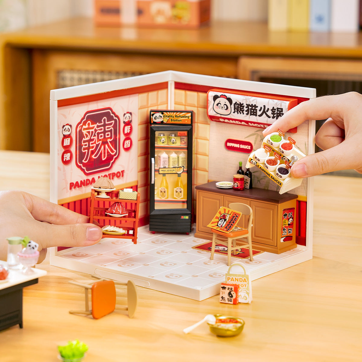 Panda Hot Pot DW020 pretend play scene with figure and hot pot table details