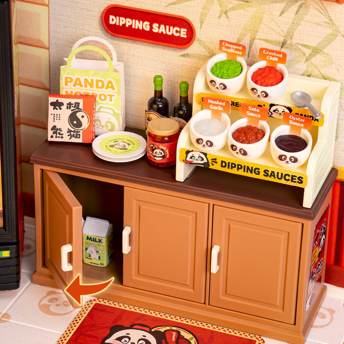 Panda Hot Pot DW020 close-up of the dipping sauce station and condiment cabinet