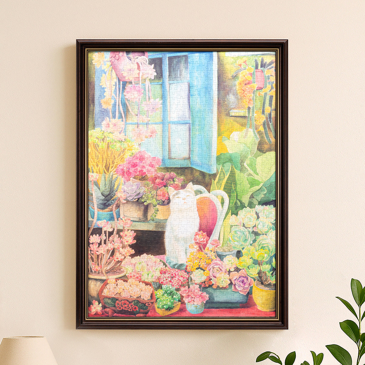 Rowood Cat's Plant Yard PT012 framed 1000-piece jigsaw puzzle displayed on a wall