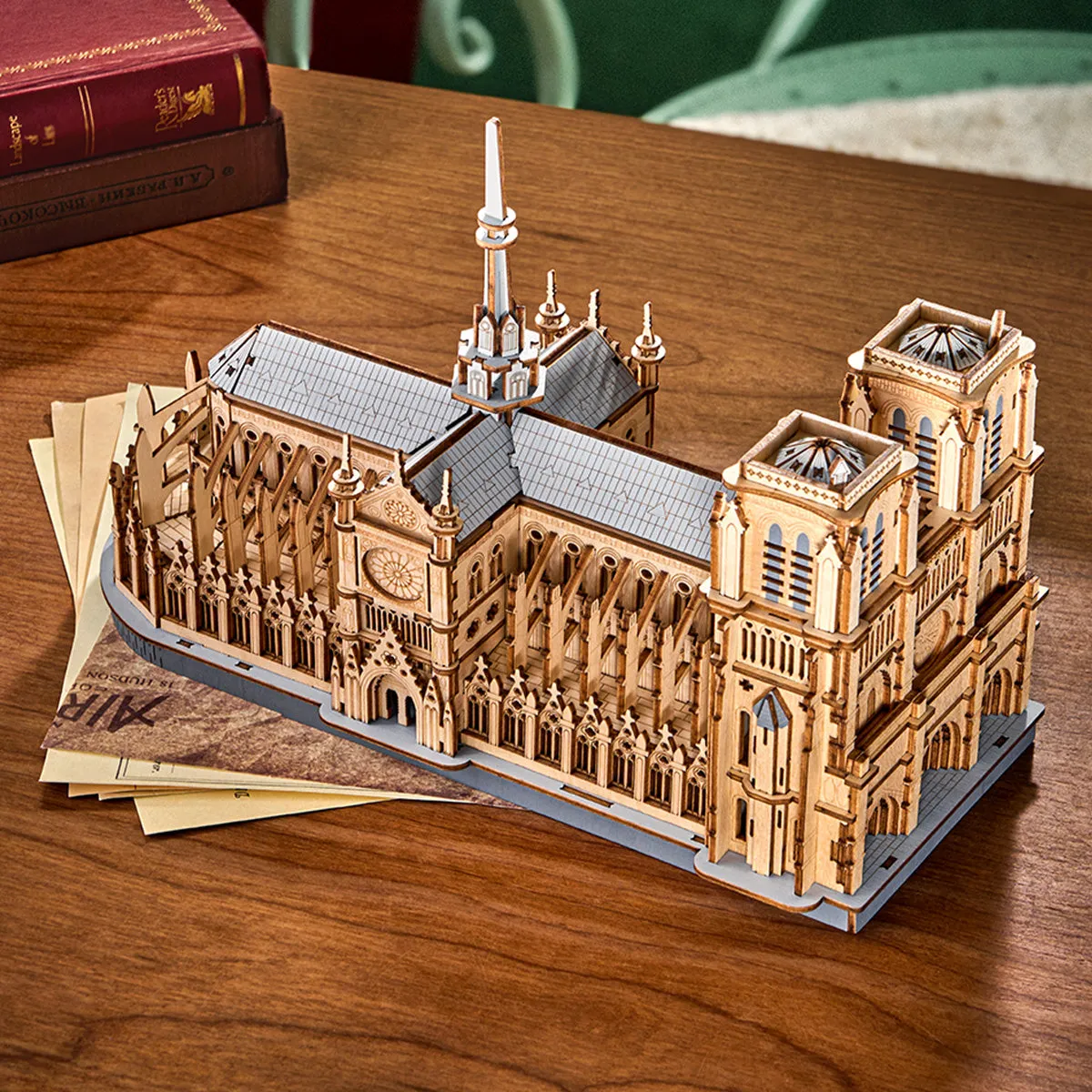 Rowood Paris Cathedral TG511 wooden puzzle in a warm tabletop display scene