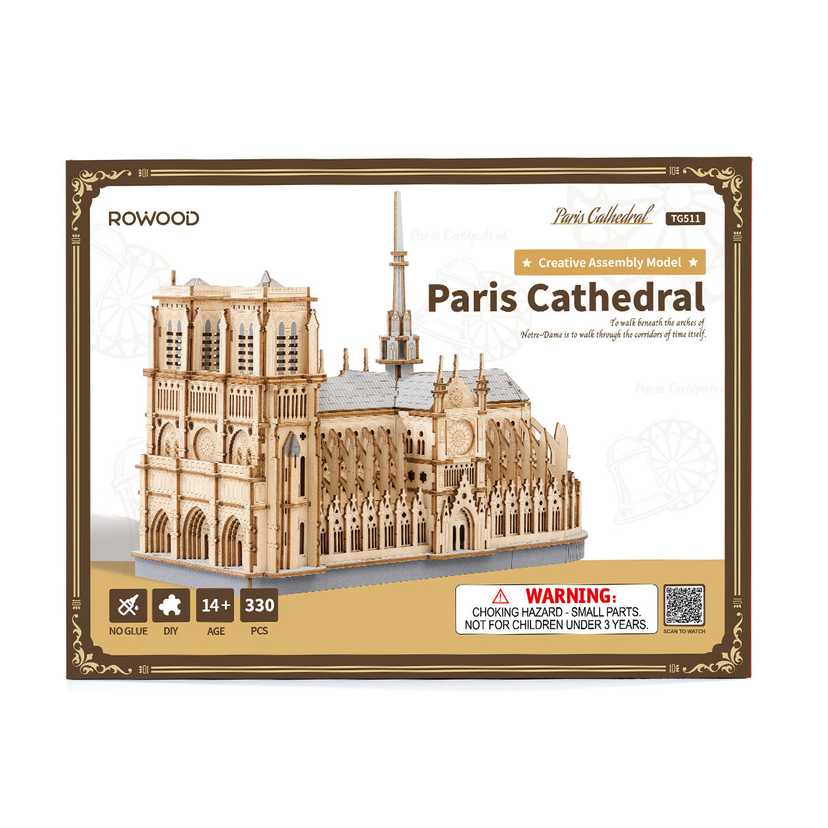 Rowood Paris Cathedral TG511 product package with completed wooden puzzle