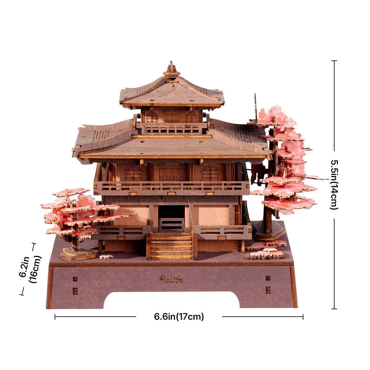 Rolife Sakura Pavilion size image showing 6.6 in (17 cm) wide, 6.2 in (16 cm) deep, and 5.5 in (14 cm) high