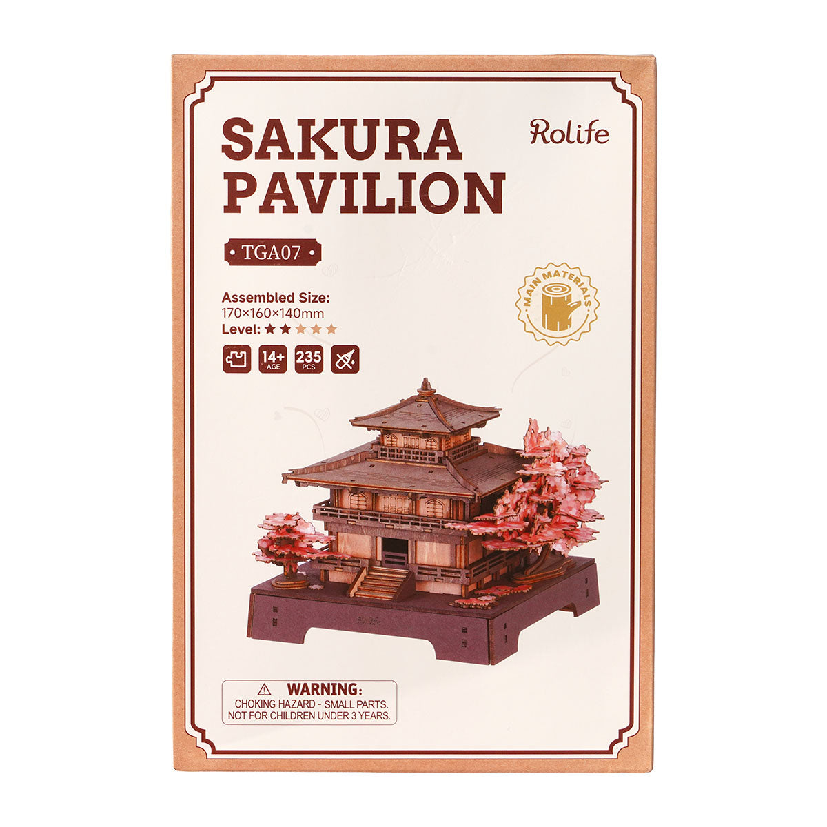 Rolife Sakura Pavilion TGA07 package front showing assembled size 170 x 160 x 140 mm, 235 pieces, age 14+, and level 1