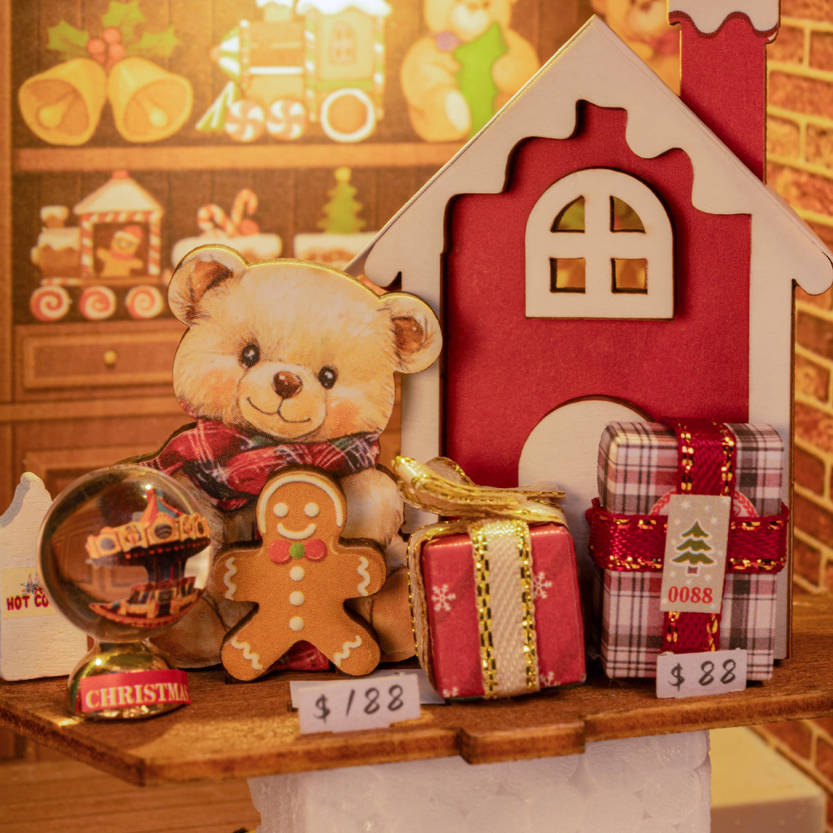 Santa's Toy Shop DP006 close-up of gifts, gingerbread figure, and warm shop lighting