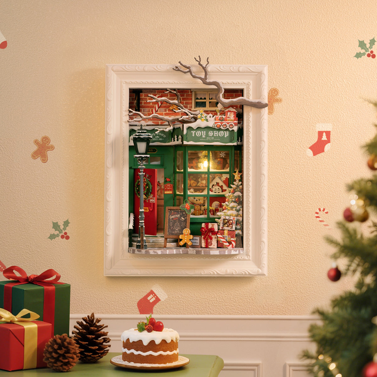 Rolife Santa's Toy Shop DP006 story frame displayed on a wall in a Christmas scene