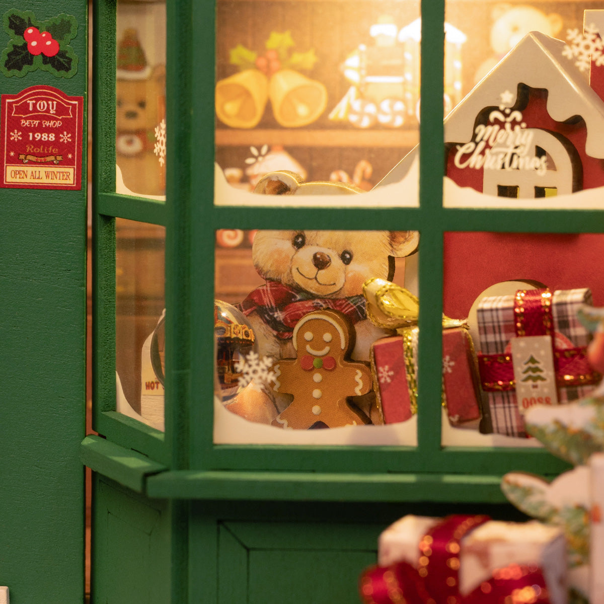 Santa's Toy Shop DP006 close-up of the window display, teddy bear, and toy shop details
