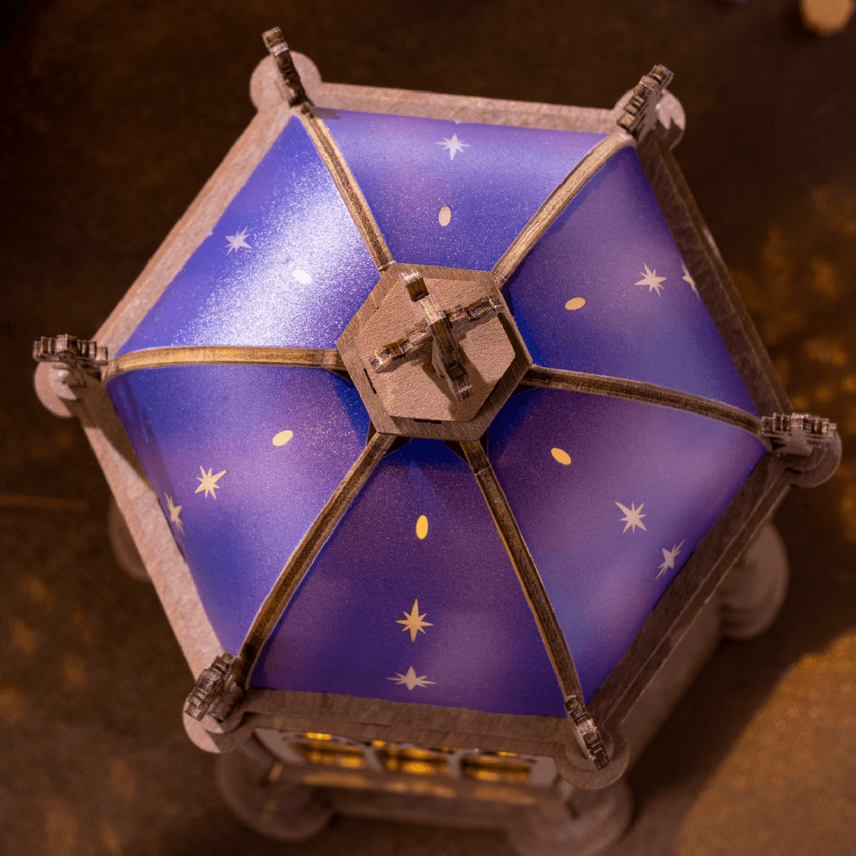 Top view of Starry Dome Cathedral with blue starry roof and wooden frame