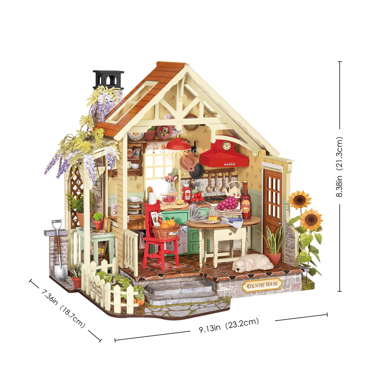 Rolife Sunlit Farmhouse Kitchen DH101 size image showing 9.13 x 7.36 x 8.38 in dimensions