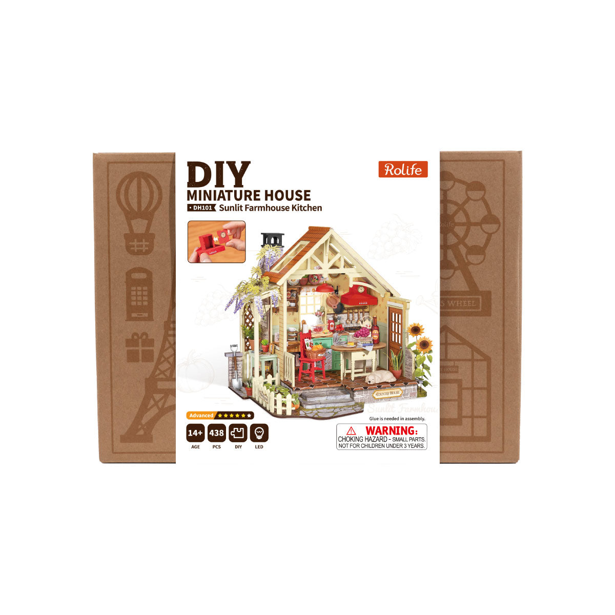 Rolife Sunlit Farmhouse Kitchen DH101 package image showing the product box and finished miniature house