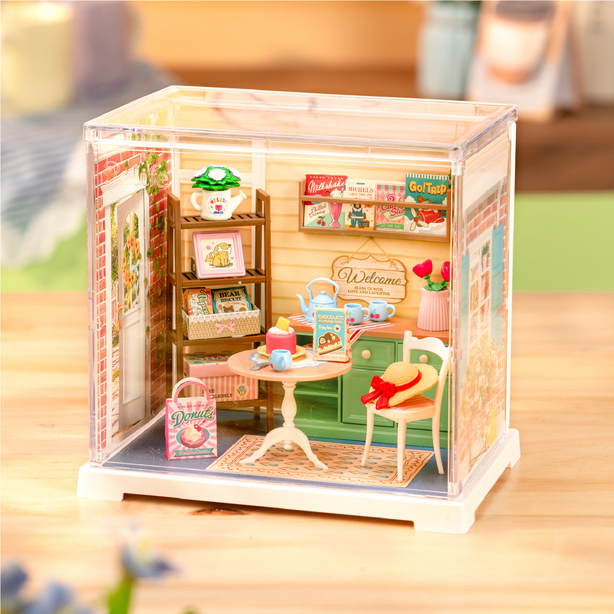 Rolife Sunshine Sip Porch DWS07B miniature room in a home scene with dust cover