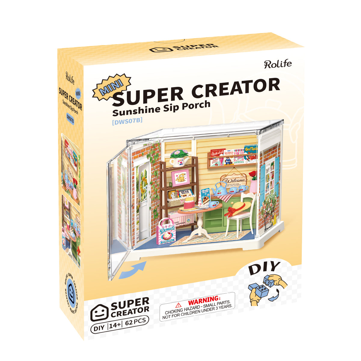 Rolife Sunshine Sip Porch DWS07B product package with completed miniature room