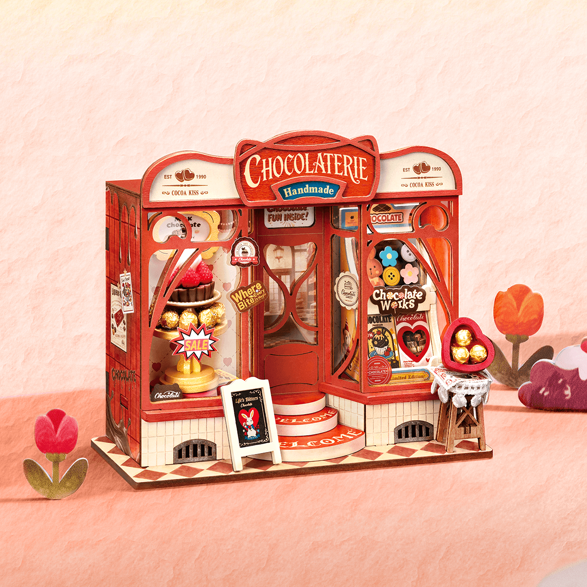 Rolife Sweet Chocolate Shop DS046 miniature chocolate store in a styled pink scene