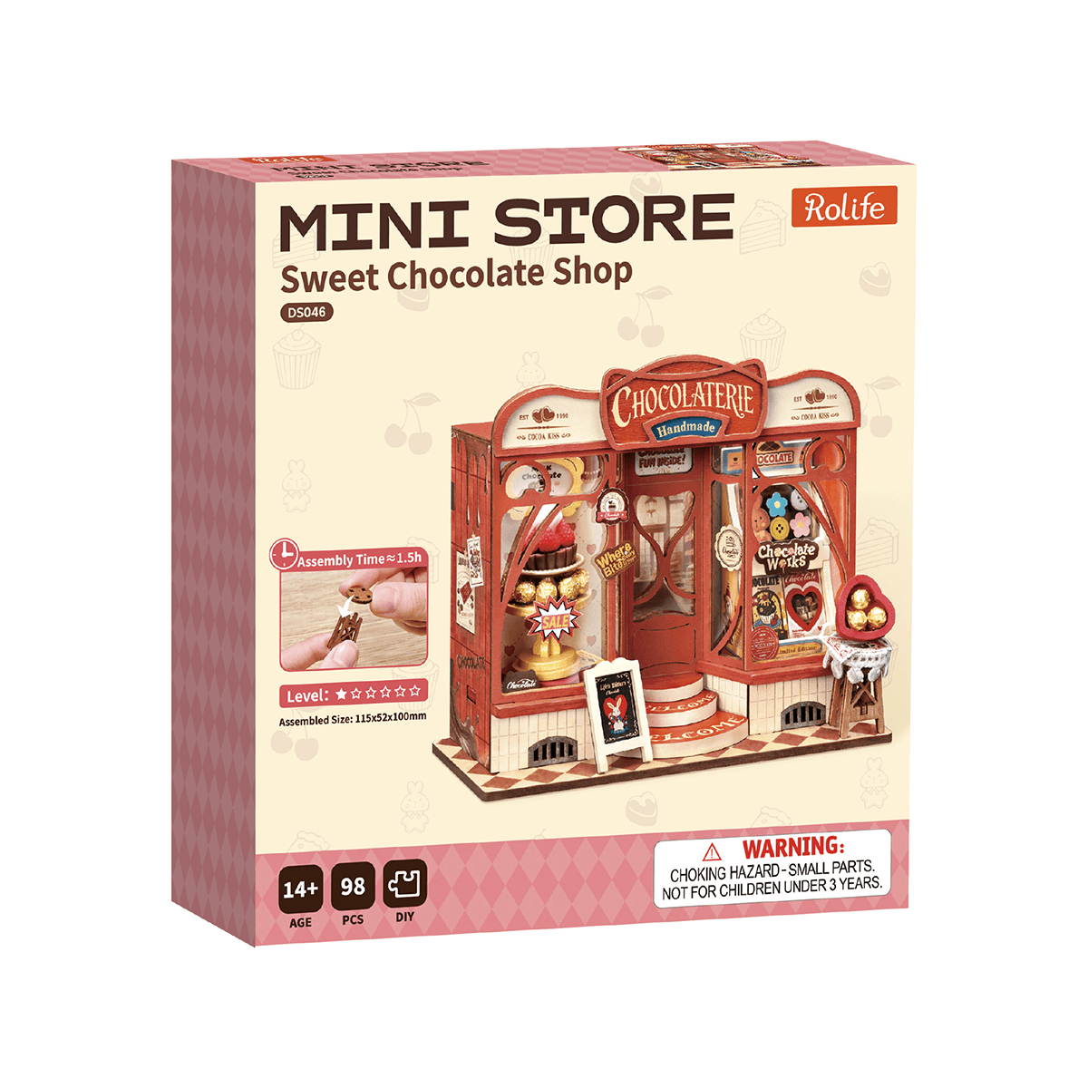 Rolife Sweet Chocolate Shop DS046 product package with completed miniature chocolate shop