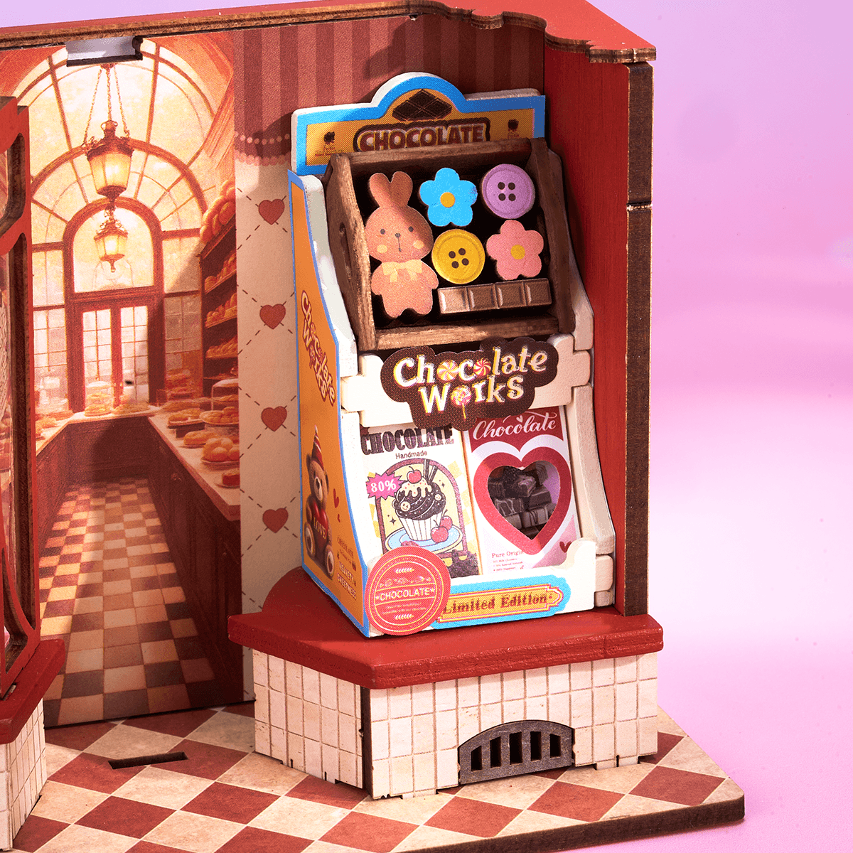 Sweet Chocolate Shop DS046 close-up of chocolate display stand and candy shelf details
