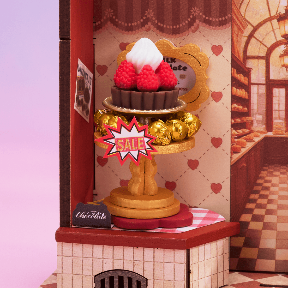 Sweet Chocolate Shop DS046 close-up of dessert stand with sale sign and truffle details