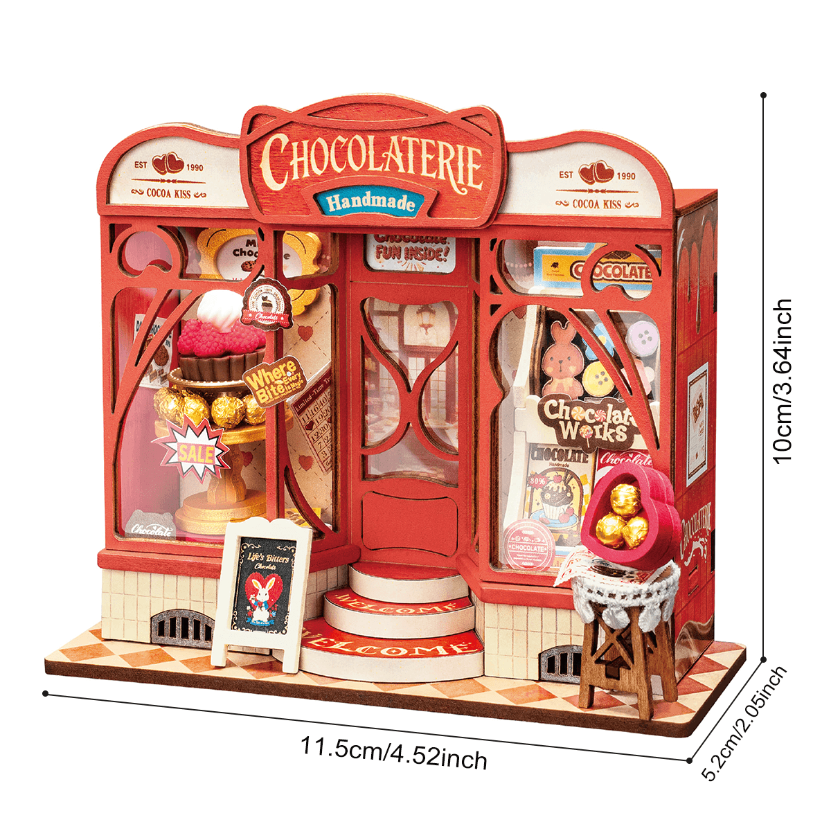 Sweet Chocolate Shop DS046 size graphic, 11.5 x 5.2 x 10 cm finished miniature house