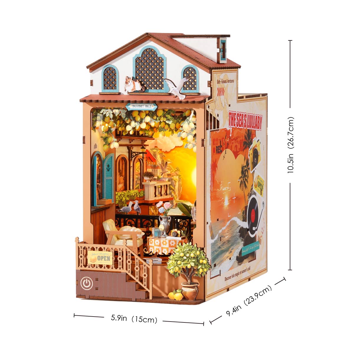 Rolife DIY Book Nook Kit Sunset Isle TGB18 size graphic with 5.9 x 9.4 x 10.5 in dimensions shown