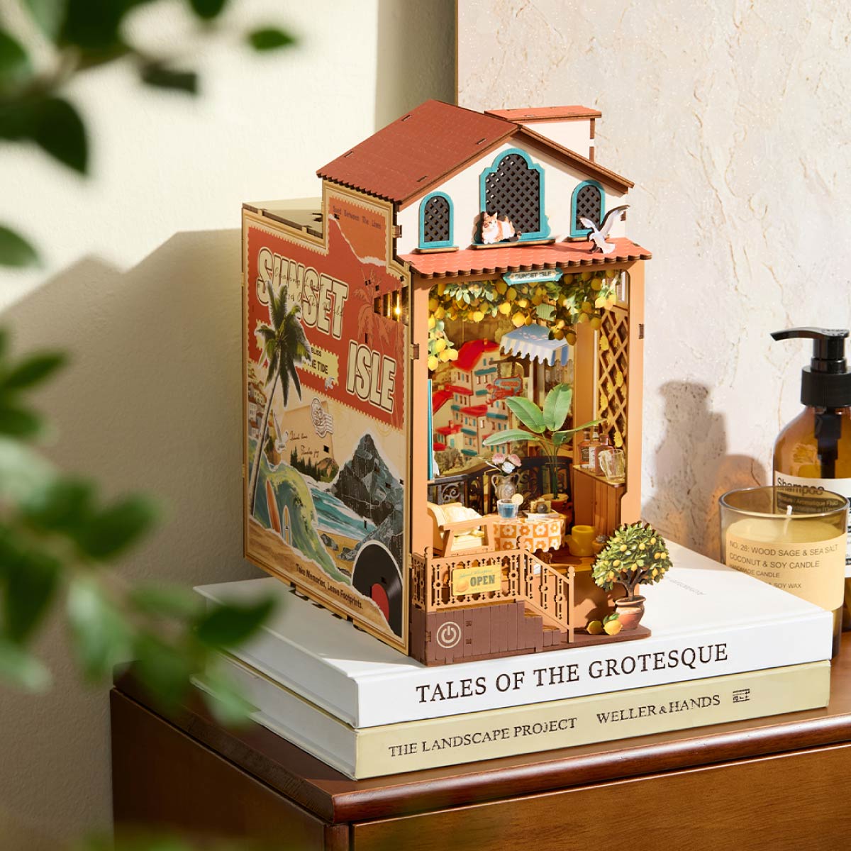 Rolife DIY Book Nook Kit Sunset Isle TGB18 angled display scene on tabletop