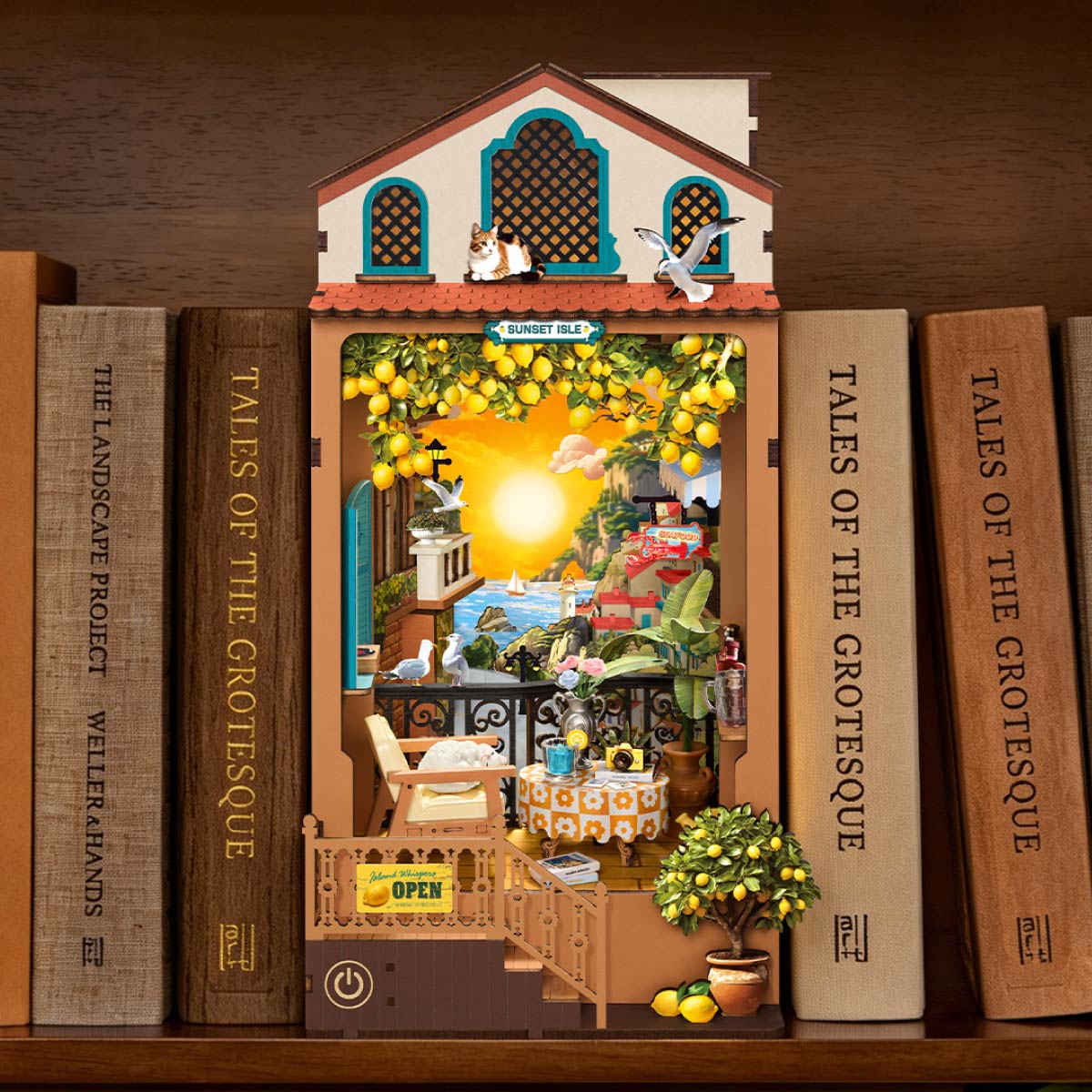 Rolife DIY Book Nook Kit Sunset Isle TGB18 bookshelf display scene with coastal sunset view