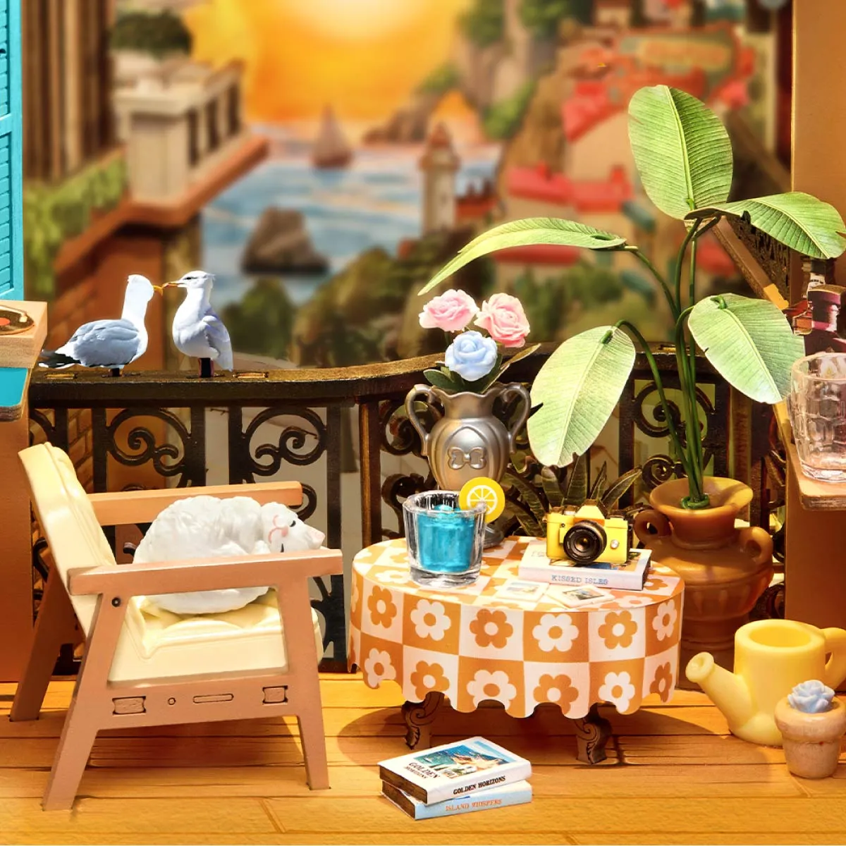 Rolife DIY Book Nook Kit Sunset Isle TGB18 terrace table and sleeping cat detail close-up