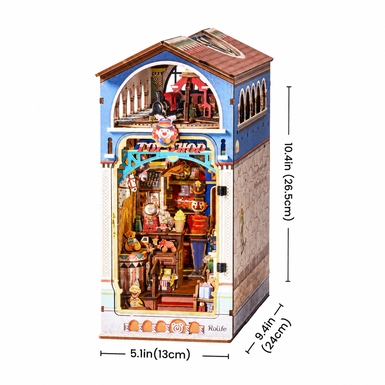 Rolife Treasure Toy Shop DIY Book Nook size chart showing 13 x 24 x 26.5 cm dimensions
