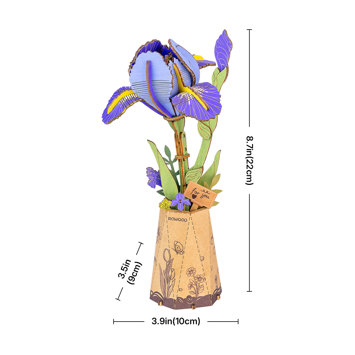Purple Iris TW121 size graphic, 10 x 9 x 22 cm wooden flower model
