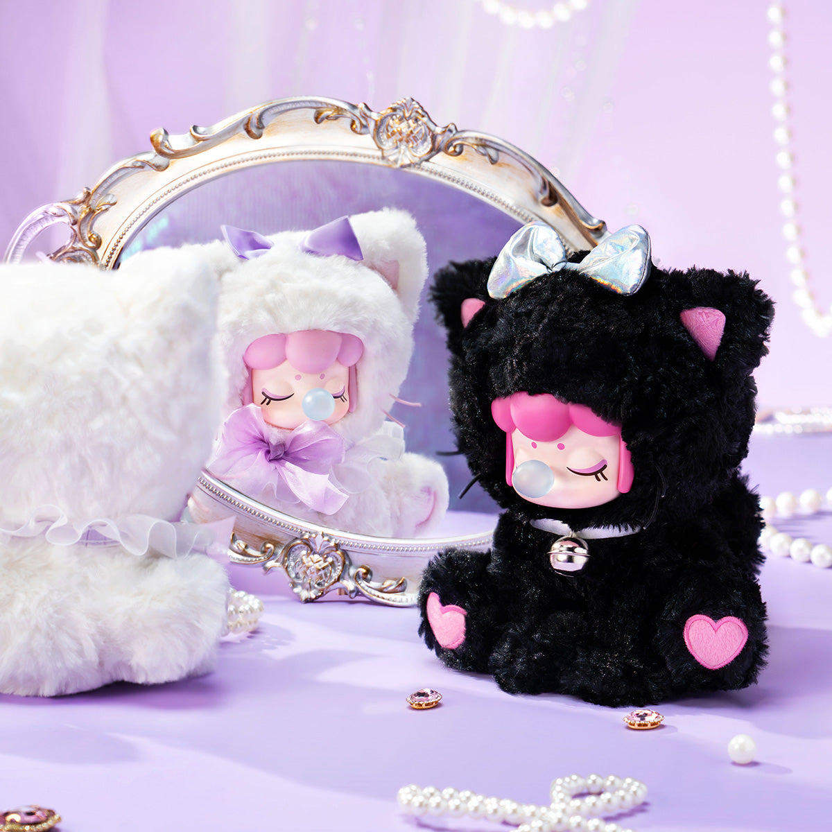 Nanci Tea Time Kitties White Angel and Midnight Honey plush dolls in a purple scene