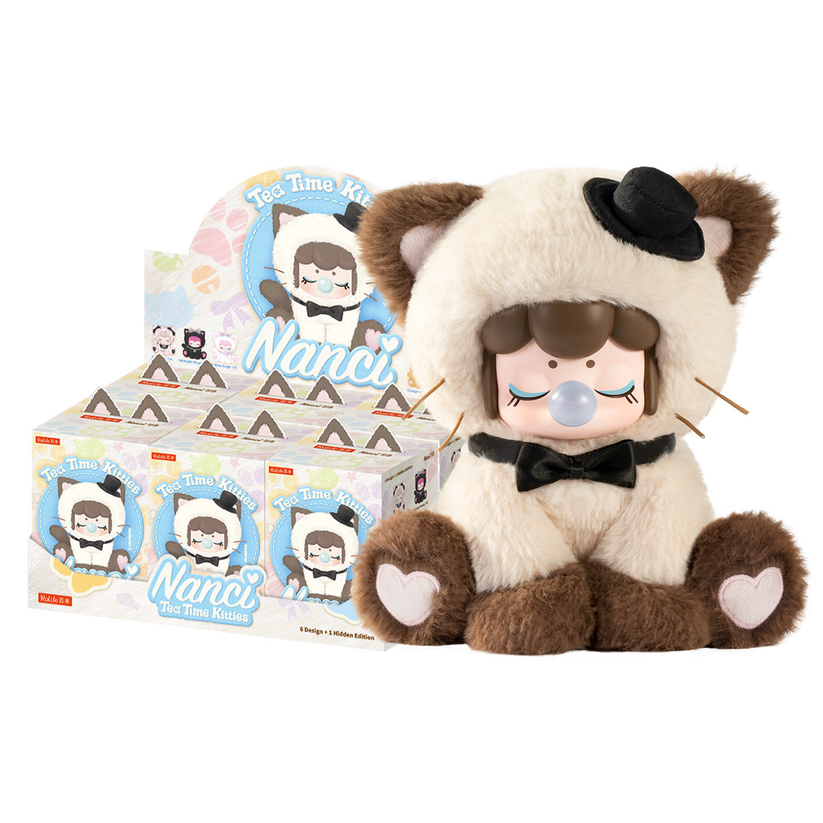Rolife Nanci Tea Time Kitties plush blind box display with featured kitty doll