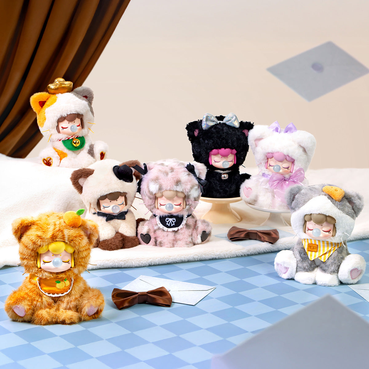 Nanci Tea Time Kitties full collection display with six plush kitty characters
