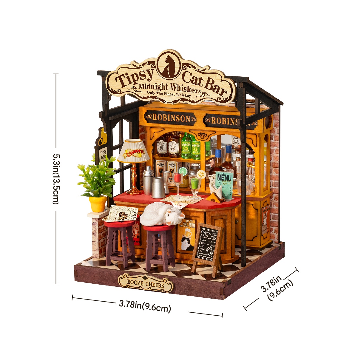 Tipsy Cat Bar DS054 size graphic, 9.6x9.6x13.5cm, 3.78x3.78x5.3in finished model