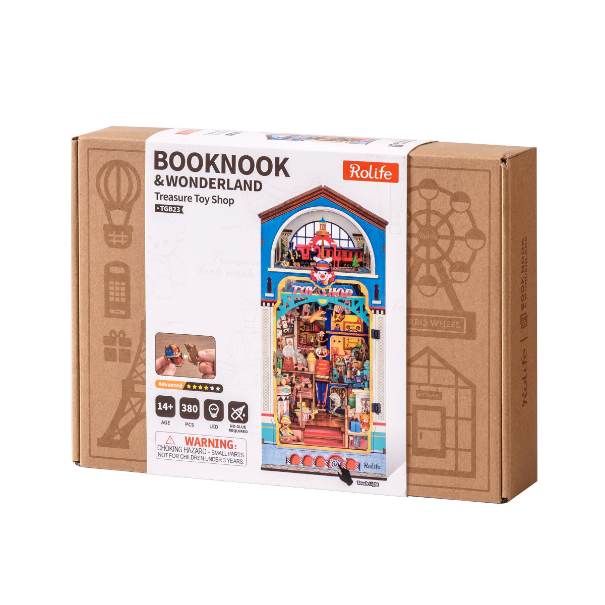 Rolife Treasure Toy Shop DIY Book Nook packaging box with completed model photo