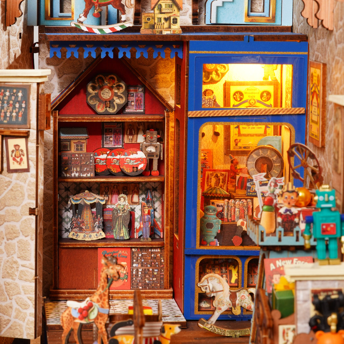 Rolife Treasure Toy Shop DIY Book Nook interior shelves with warm lights and miniature toys