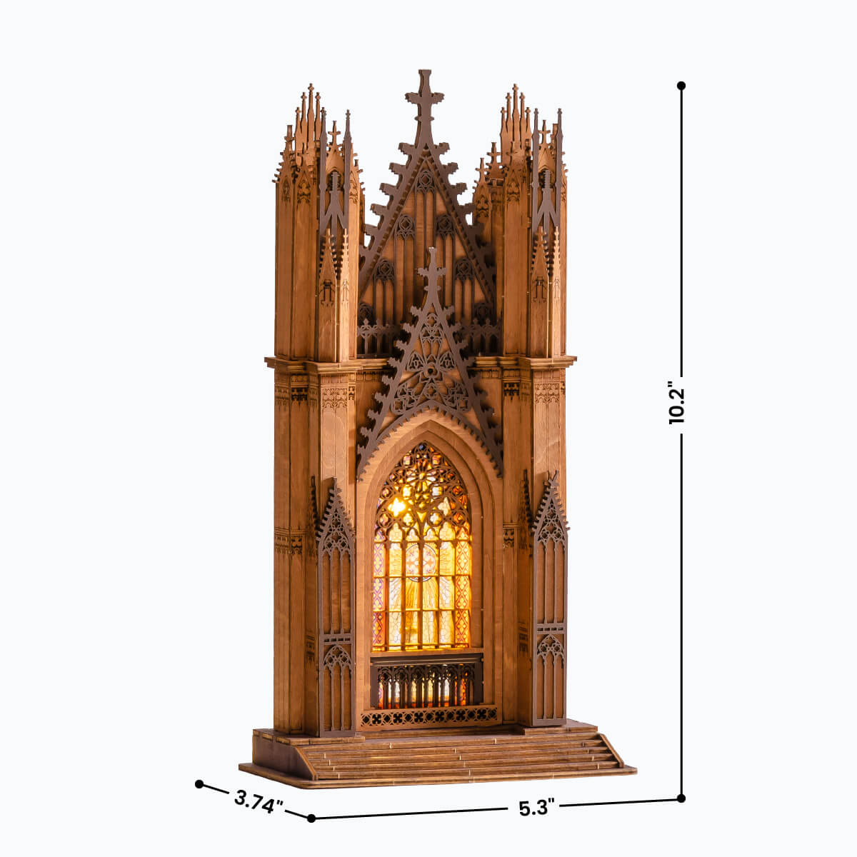 Twin-Tower Cathedral TGA01 size graphic, 3.74x5.3x10.2in finished wooden lantern