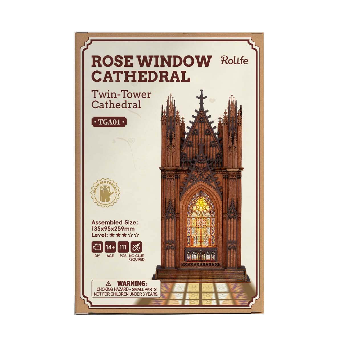 Rolife Twin-Tower Cathedral TGA01 package with illuminated gothic model