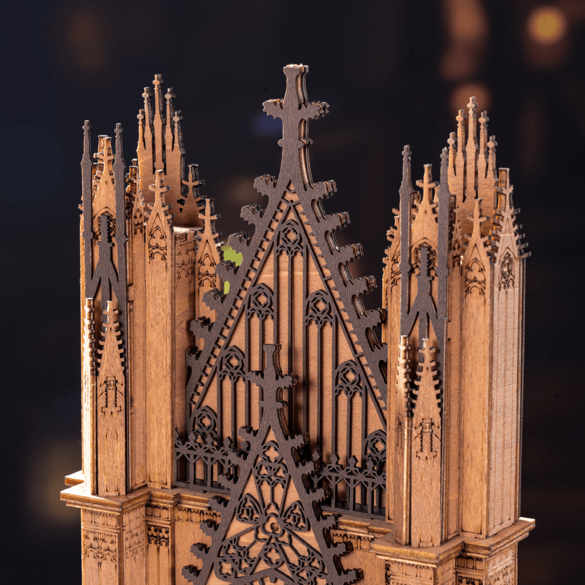 Back view of Twin-Tower Cathedral showing layered gothic wooden details