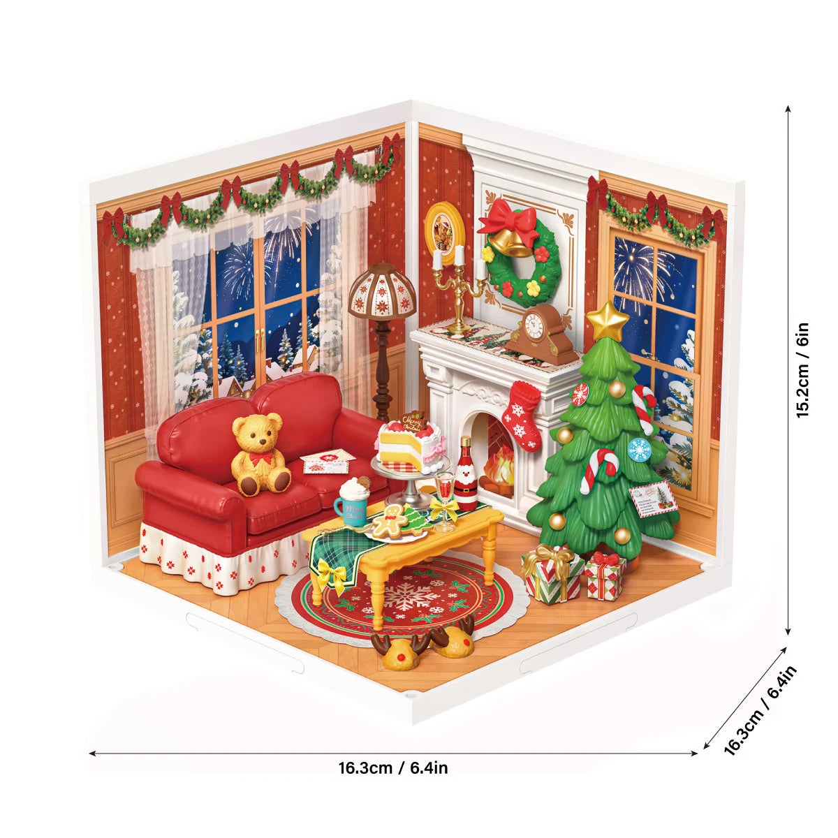 Rolife miniature Christmas living room diorama with red sofa, teddy bear, fireplace, decorated tree and gifts, shown with dimensions 16.3cm / 6.4in wide, 15.2cm / 6in high and 16.3cm / 6.4in deep.