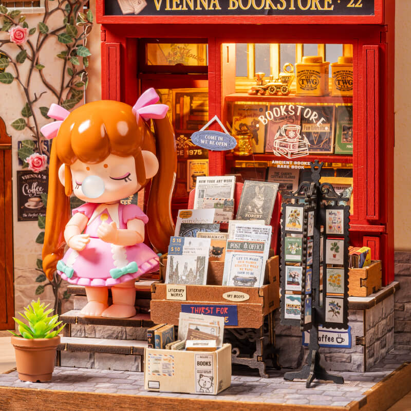 Vienna Bookstore DG183 close-up of the storefront books and figure details