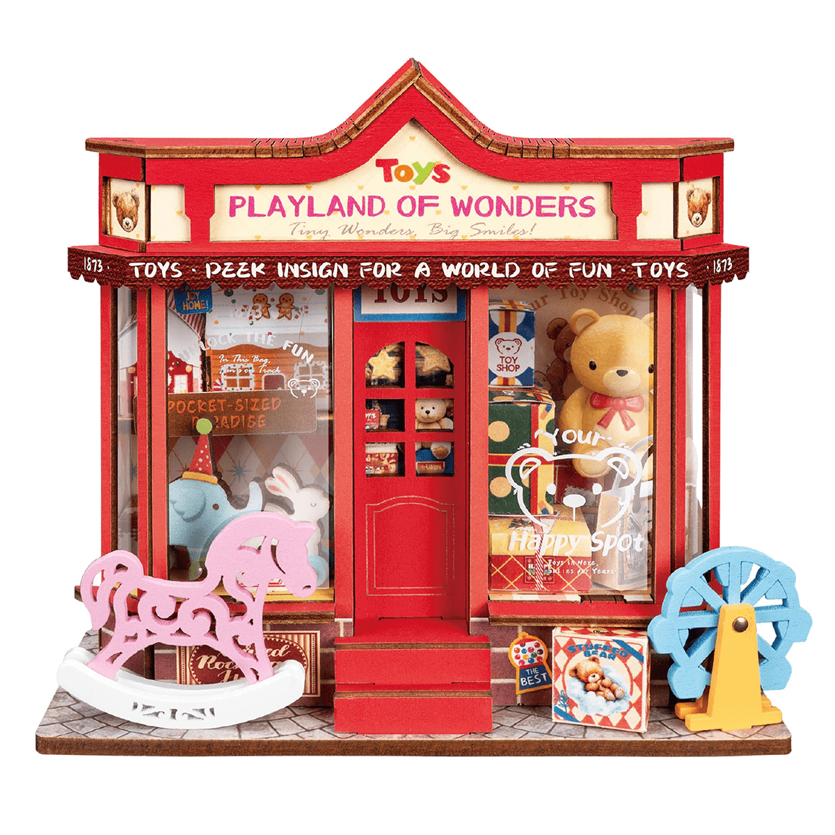 Rolife Whimsy Toy Shop DS044 white background miniature toy shop product view
