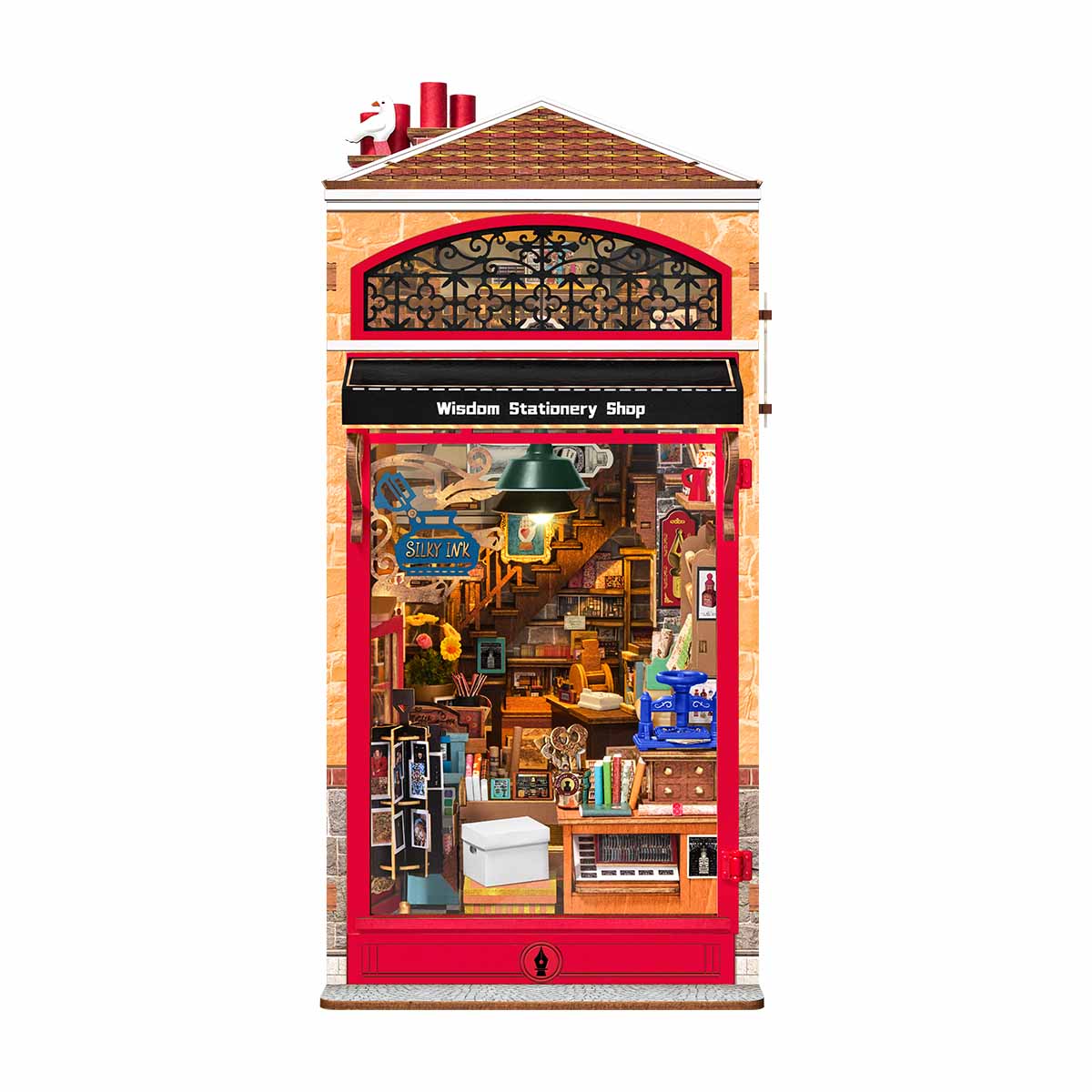 Rolife Wisdom Stationery Shop DIY Book Nook finished model on a white background
