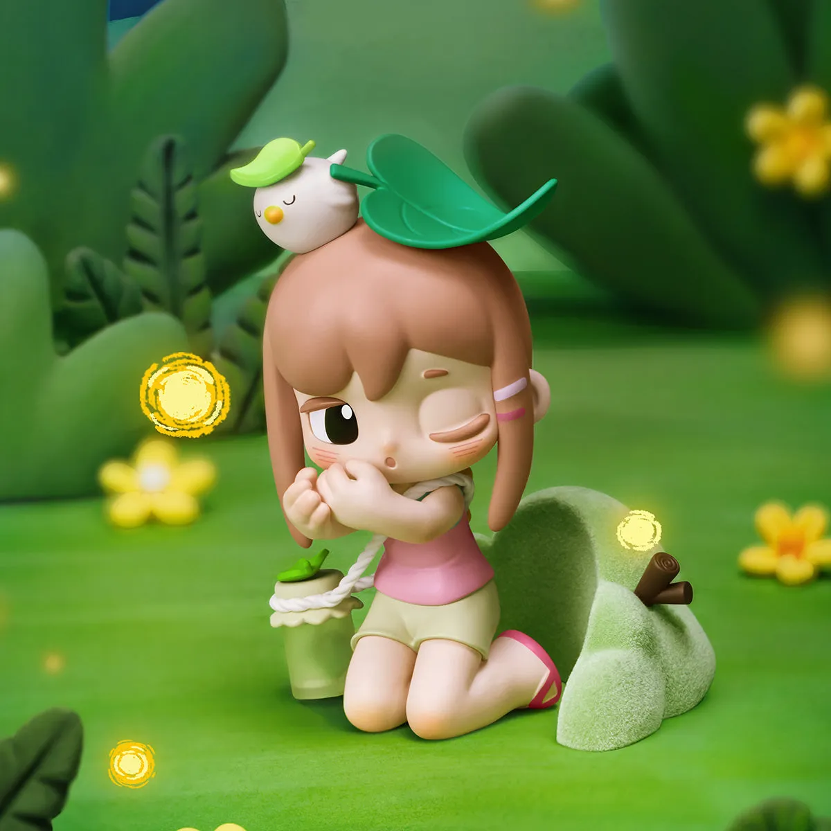 Yozco Mood Diary Firefly Glow figure kneeling with glowing fireflies in a forest scene