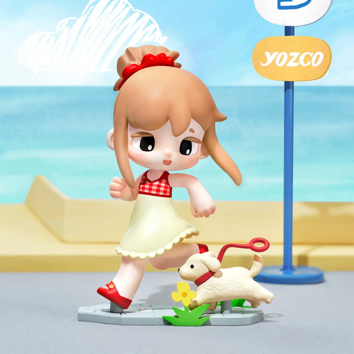 Yozco Mood Diary walking figure with dog in a beachside scene